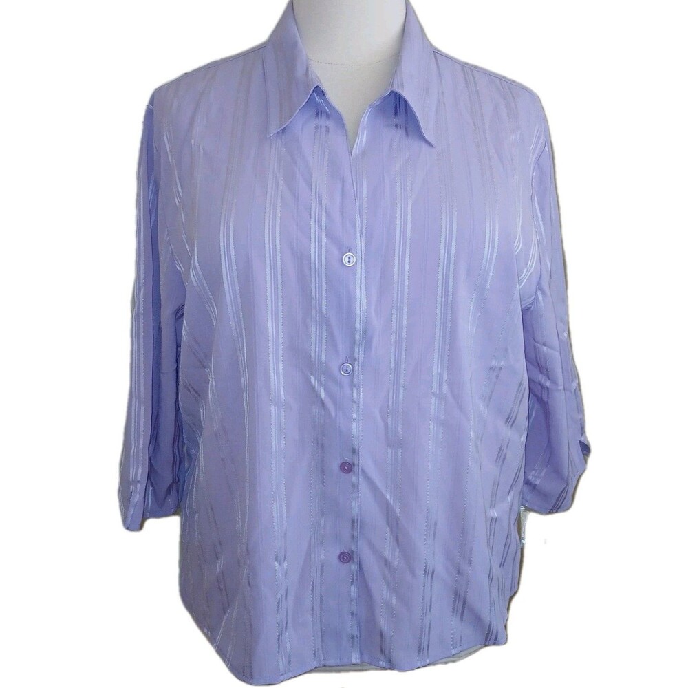 NWOT APPARENZA Womens 3X Career Button Up 3/4 Sleeve Top Shadow Stripes Purple